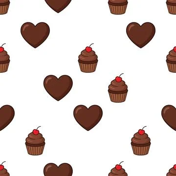Seamless pattern with chocolate cupcakes and heart shapes on white background Stock Illustration