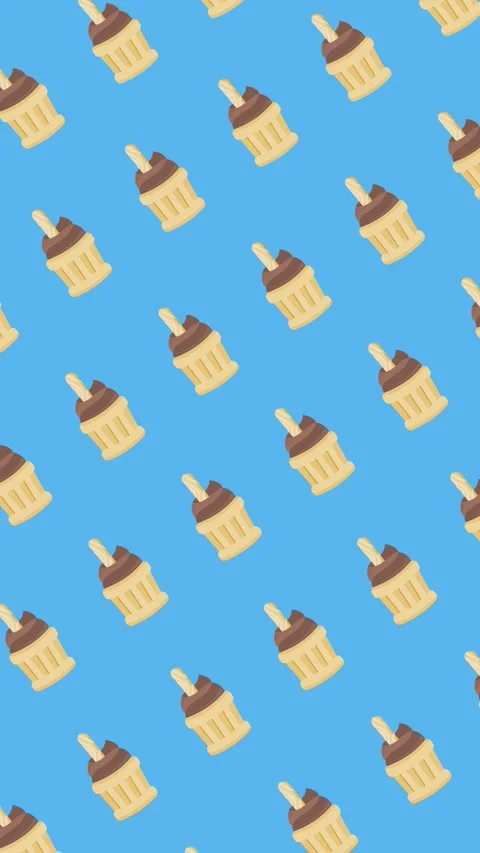 Seamless pattern of chocolate cupcakes with wafer sticks on a blue background 動画素材 334231041