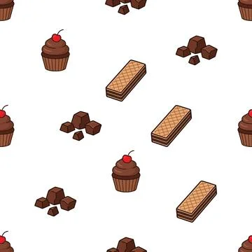 Seamless pattern with chocolate cupcakes wafers and candy pieces on white b.. Illustrazione stock