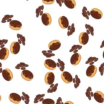 Seamless pattern with chocolate donuts and coffee beans vector illustration. Stock Illustration
