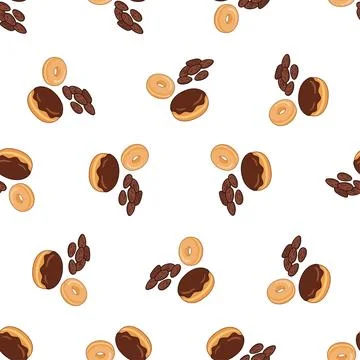 Seamless pattern with chocolate donuts and raisins on white background. Illustrazione stock