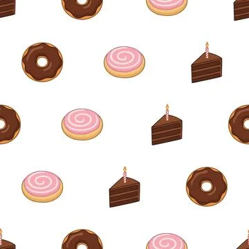 Seamless pattern with chocolate donuts and cake slices on white background. Stock Illustration