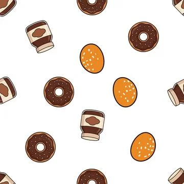 Seamless pattern with chocolate donuts and sweet pastry jars on white backg.. Stock Illustration