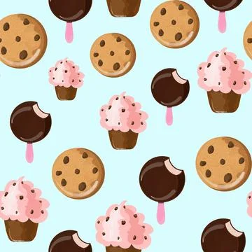 Seamless pattern with Chocolate food on blue background Stock Illustration