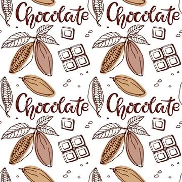 Seamless pattern with Chocolate. Hand drawn vector chocolate bar, cocoa bean 스톡 일러스트