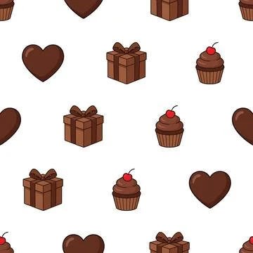 Seamless pattern with chocolate hearts cupcakes and gift boxes for bakery a.. Stock Illustration