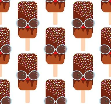 Seamless pattern chocolate ice cream, ice lolly with sprinkles. Kawaii with p Stock Illustration