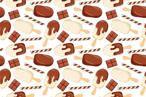 Seamless pattern with chocolate ice cream and wafer in cartoon style. Perfect Stock Illustration