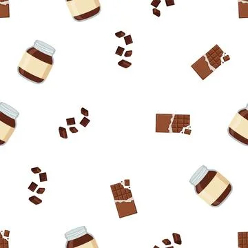 Seamless pattern with chocolate jars and broken chocolate bars on white bac.. Stock Illustration