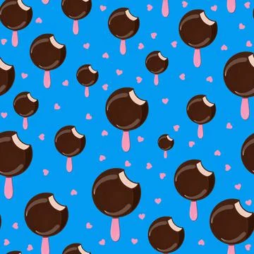 Seamless pattern with chocolate popsicle in cartoon style on a blue background Stock Illustration