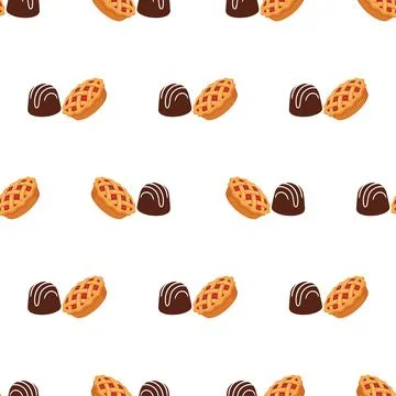 Seamless pattern with chocolate pralines and mini fruit pies on white backg.. Stock Illustration