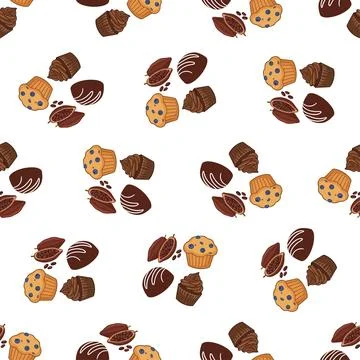 Seamless pattern with chocolate pralines and muffins on white background. Stock Illustration