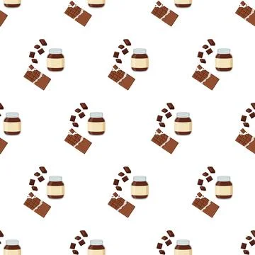 Seamless pattern with chocolate spread jars and cocoa bars for bakery backg.. Stock Illustration