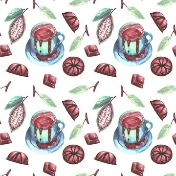 Seamless pattern with chocolate, sweets, cocoa beans on a white background. Stock Illustration
