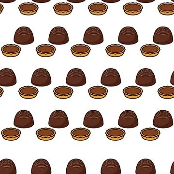 Seamless pattern with chocolate truffles and small tartlets on white backgr.. Stock Illustration