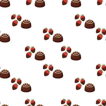 Seamless pattern with chocolate truffles and fresh red strawberries on whit.. Stock Illustration