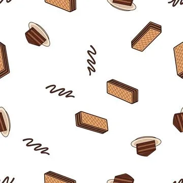 Seamless pattern with chocolate wafer cookies and decorative swirls on whit.. Stock Illustration