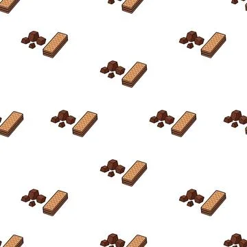 Seamless pattern with chocolate wafers and cocoa beans on white background. Stock Illustration