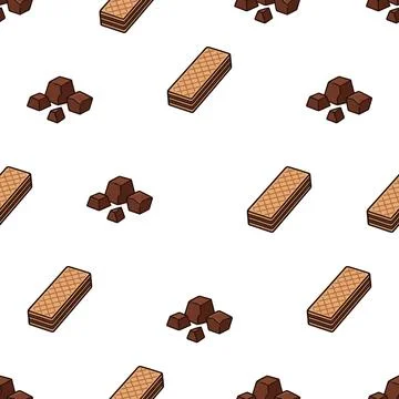 Seamless pattern with chocolate wafers and cocoa chunks on white background. Stock Illustration
