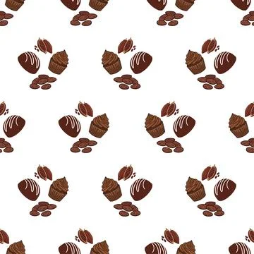 Seamless pattern with chocolates and cocoa beans on white background. Illustrazione stock