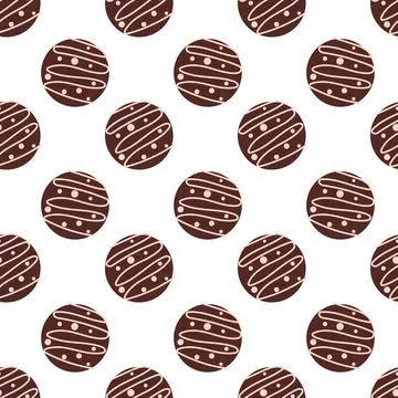 Seamless pattern with chocolates candies in form circle with pink icing. Stock Illustration