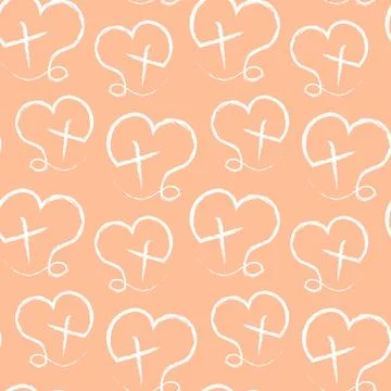 Seamless pattern with Christian Cross and heart in linear イラスト素材