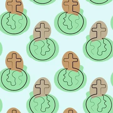 Seamless pattern with Christian Cross and Earth in one line Stock Illustration