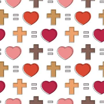 Seamless pattern with Christian Cross and heart in linear Stock Illustration