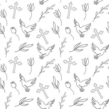 Seamless pattern with Christian symbols. Continuous one line drawing of cross Stock Illustration