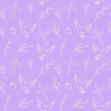 Seamless pattern with Christian symbols. Continuous one line drawing of cross Stock Illustration