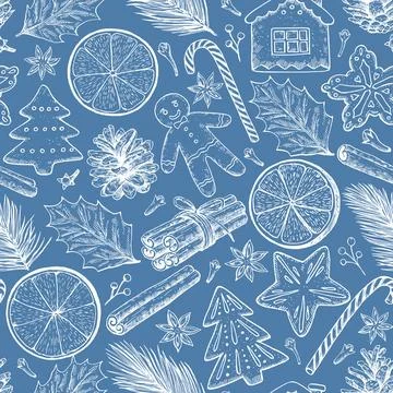 Seamless pattern with Christmas and New year elements, cookies, candies, pi.. Stock Illustration