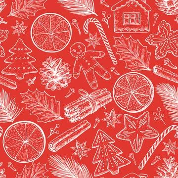 Seamless pattern with Christmas and New year elements, cookies, candies, pi.. 스톡 일러스트