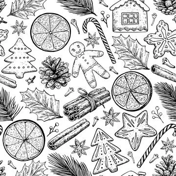 Seamless pattern with Christmas and New year elements, cookies, candies, pi.. Stockillustratie