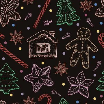 Seamless pattern with Christmas and New year cookies, candies and spices. H.. Stock Illustration