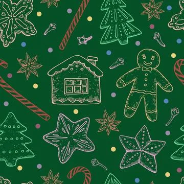 Seamless pattern with Christmas and New year cookies, candies and spices. H.. Illustrazione stock