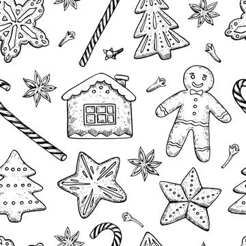 Seamless pattern with Christmas and New year cookies, candies and spices. H.. Illustrazione stock