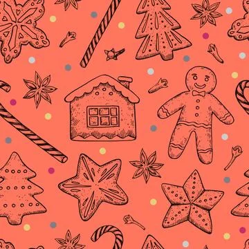 Seamless pattern with Christmas and New year cookies, candies and spices. H.. Stock Illustration