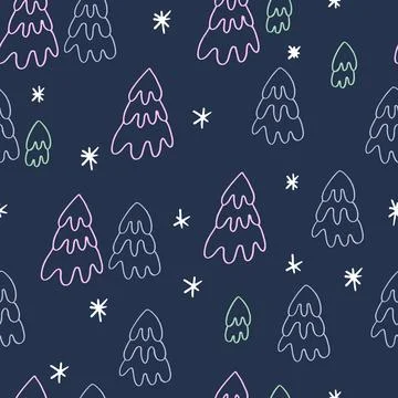 Seamless pattern on Christmas and New Year theme, with hand drawn snow fir .. Stock Illustration
