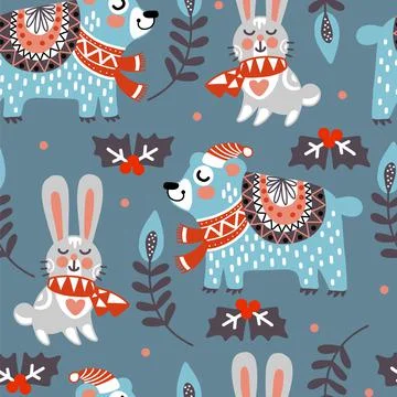Seamless pattern christmas animals background vector illustration Stock Illustration
