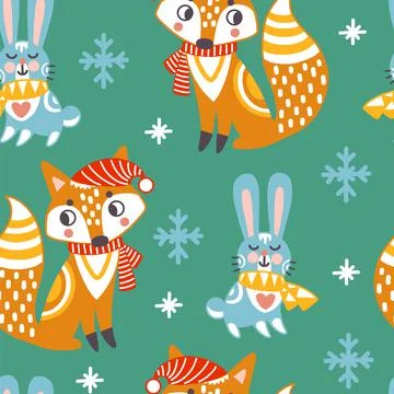 Seamless pattern christmas animals vector illustration green イラスト素材