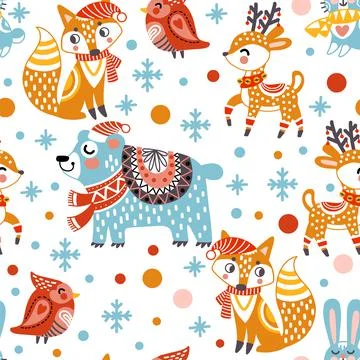 Seamless pattern christmas animals vector illustration white イラスト素材