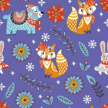 Seamless pattern christmas animals vector illustration purple Illustrazione stock