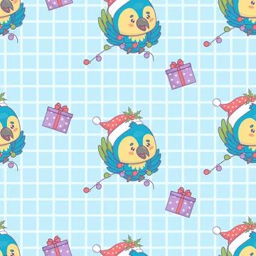 Seamless pattern with Christmas Ara parrot in Santa hat with festive garlan.. 库存插图