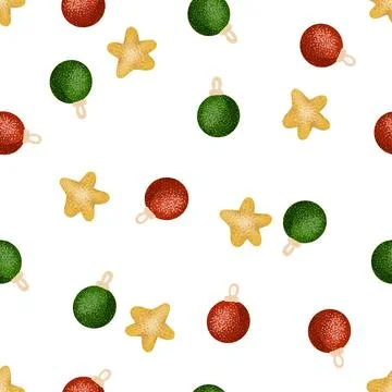 Seamless pattern with Christmas balls, red and green ornaments, stars Stock Illustration