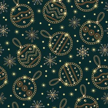 Seamless pattern with christmas balls, small snowflakes of jewelry gold, silv Stock Illustration