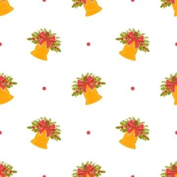 Seamless pattern. Christmas bell with a decor of holly branches, cones, spruce Stock Illustration
