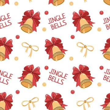 Seamless pattern with Christmas bell with red bow and inscriptions. Vector .. Illustrazione stock