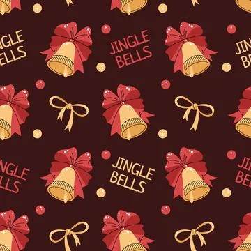 Seamless pattern with Christmas bell with red bow and inscriptions. Vector .. Stockillustratie