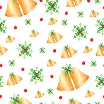 Seamless pattern with Christmas bells and mistletoe Stock Illustration