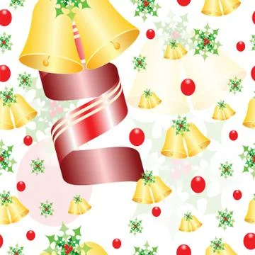 Seamless pattern with Christmas bells, mistletoe and red ribbon Stock Illustration